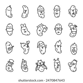 Charming kawaii cucumber. Coloring Page. Funny cartoon character. Hand drawn style. Vector drawing. Collection of design elements.