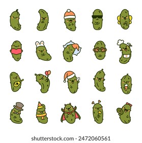 Charming kawaii cucumber. Funny cartoon character. Hand drawn style. Vector drawing. Collection of design elements.