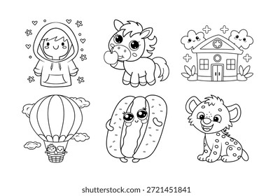 Conjunto de Doodle Kawaii encantador: Ilustraciones lindas para colorear páginas, pegatinas y Diseños para niños