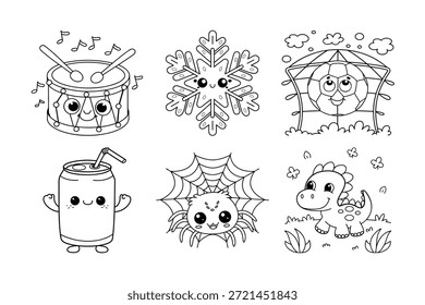 Charming Kawaii Doodle Set: Cute Cartoon Illustrations of a Drum, Snowflake, Kite, Soda, Spider, and Dinosaur