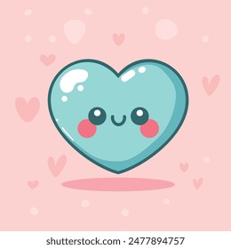 Charming kawaii heart in blue, set against a pastel pink backdrop. Vector illustration in a cute, minimalistic cartoon style with soft colors and clean lines.