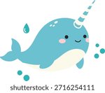 A charming kawaii narwhal vector featuring a striped tusk and bubbles. This adorable marine mammal character is perfect for children
