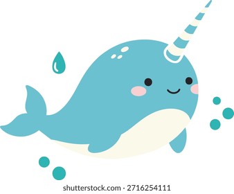 Un encantador Vector de narval kawaii con un colmillo de rayas y burbujas. Este adorable personaje de mamífero marino es perfecto para papelería infantil, pegatinas y arte infantil.
