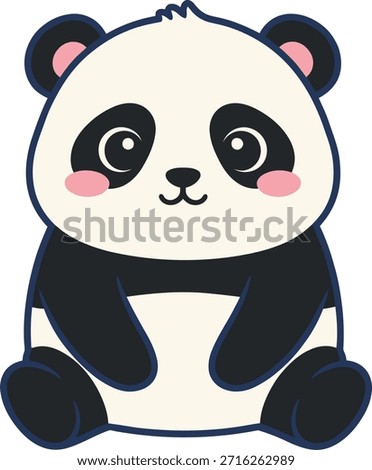 A charming kawaii panda bear vector in a sitting pose. This high-quality mascot illustration features large eyes and rosy cheeks, perfect for kids stickers and nursery designs.
