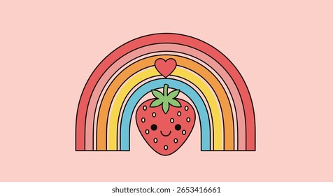 Morango kawaii encantador delícias sob um arco-íris pastel vibrante e sotaque de coração doce