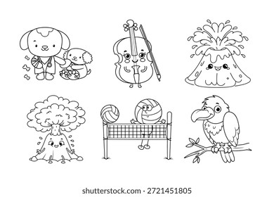 Encantadora Colección de estilo kawaii con animales lindos, Instrumentos musicales y Elementos al aire libre juguetones en arte de línea blanca y negra