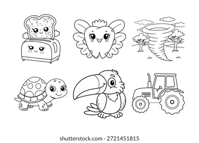 Encantador Kawaii Estilo Ilustrações Conjunto: Brinde, Flor, Tornado, Tartaruga, Tucano e Trator - Preto e Branco Linha Arte