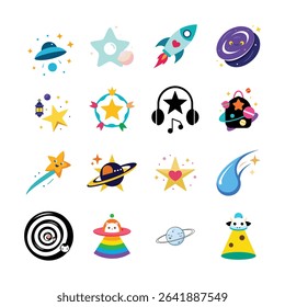 Charming Kawaii Universe with Aliens and Moons Line Art Vector illustration
