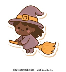 Charming kawaii witch girl with dark skin riding a broomstick, illustrated in soft pastel colors. Ideal for inclusive Halloween designs, kids’ party prints, planners, and magical seasonal decor.