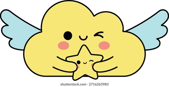 A charming kawaii yellow cloud with wings hugging a little star. This cute vector illustration is perfect for nursery decor, children's stickers, and school prints.
