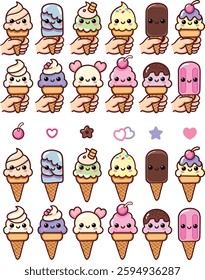 Charming kawaii-style ice cream icons. A set of cute vector ice cream icons in the style of kawaii. Various types of ice cream in waffle cones, on sticks, with eyes and smiles.