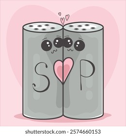 Charming kawaii-style illustration of salt and pepper shakers depicted as a loving couple with a heart between them. This cute representation of a perfect pair is ideal for Valentine's Day-themed