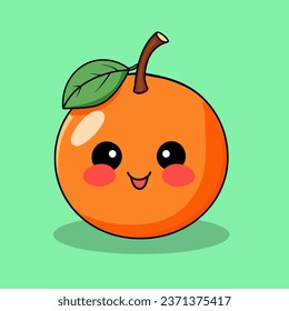 A charming Kawaii-style orange illustration, featuring a cheerful orange fruit with a friendly face, blushing cheeks, and a happy demeano in kawaii clipart style