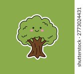 A charming kawaii-style tree illustration featuring a happy smiling face with pink cheeks, a bushy green canopy, and a brown textured trunk, designed as a sticker.