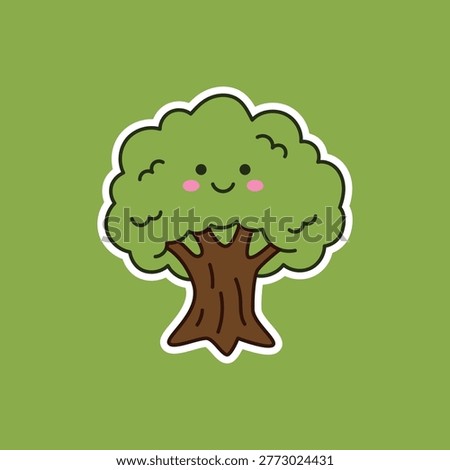 A charming kawaii-style tree illustration featuring a happy smiling face with pink cheeks, a bushy green canopy, and a brown textured trunk, designed as a sticker.