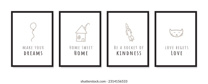 Charming kids wall art poster with adorable quotes, featuring balloons, houses, rockets, and cats. Playful vector print for children's rooms.