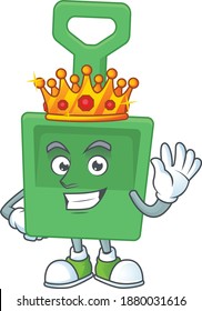 A charming King of green sand bucket cartoon character design with gold crown. Vector illustration