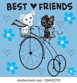 charming kitten and dog sitting in an old bicycle with flowers and hearts vector illustration