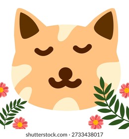 Encantador retrato de la cabeza del gatito decorado con Elementos botánicos y coloridas flores de jardín