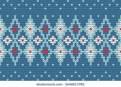 Padrão de malha encantador em tons azuis frios com motivos inspirados em flocos de neve vermelhos e brancos. Ideal para designs de inverno, vestuário com tema nórdico, fundos acolhedores e artesanato ou decorações de férias.