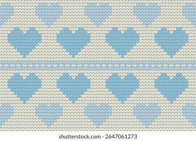Charming knitted pattern featuring soft blue hearts arranged symmetrically on a cream background. Ideal for baby clothing, Valentine designs, cozy winter fabrics, or romantic-themed digital crafts.