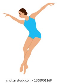 Atractiva bailarina de leotardo azul en salto, vector de dibujo a mano, aislada en fondo blanco