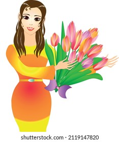 Charming Lady illustration with a buoqet of beautiful tulips. International Women's Day

