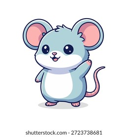Encantador ratón de dibujos animados azul claro con grandes orejas rosadas, una sonrisa feliz y una pata levantada, representada en un adorable estilo kawaii. Ilustración vectorial aislada sobre un fondo blanco limpio.