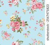 Charming Light Blue Floral Print with Pink Roses
