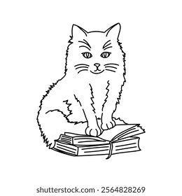 Charming line art of a cat sitting on a book. Perfect for literature and animal lovers, creative projects, coloring pages, or educational materials. Simple yet expressive design