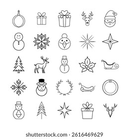 Charming Line Art Christmas Icon Set Featuring Classic Holiday Elements Like Snowmen, Reindeer, Santa, Gifts, Wreaths, and Seasonal Decorations for Festive Design Use