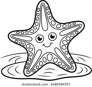 A charming line art drawing of a friendly starfish character with a joyful expression. This playful sea creature is depicted partially submerged in rippling water, ideal for children's designs.