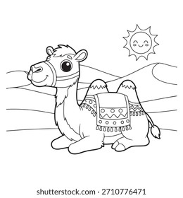 Charming line art features a happy cartoon camel relaxing amidst rolling desert dunes under a beaming sun, perfect for children's books, educational materials, or creative projects.