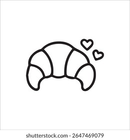 Um charmoso ícone de arte de linha com um croissant clássico acompanhado por dois corações flutuantes, perfeito para transmitir um amor pelo café da manhã, doces ou doces doces.