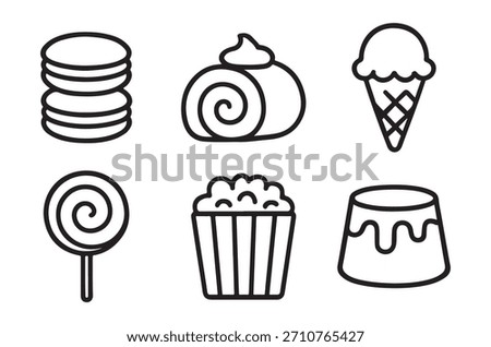 Charming line art icons showcasing various delicious desserts and sweet treats, simply illustrated.