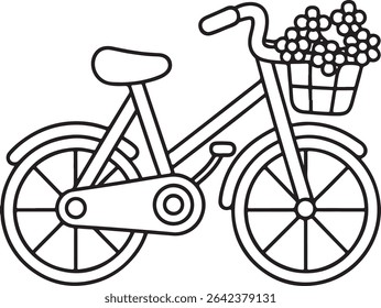 A charming line art illustration of a bicycle with a basket full of flowers. Perfect for children's books, coloring pages, or springtime designs.