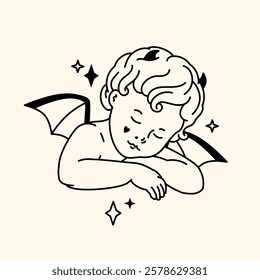 Charming line art illustration of a dreaming baby devil with small horns, bat wings, surrounded by stars. Perfect for tattoo, as cutting design or engraving. Minimalist silhouette, romantic gothic art