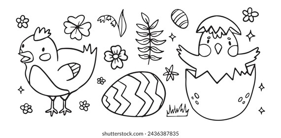 A charming line art illustration of Easter chicks, patterned eggs, and spring flowers, perfect for children’s coloring activities and holiday decorations