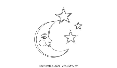 A charming line art illustration features a crescent moon with a gentle face, accompanied by twinkling stars, creating a whimsical and dreamy celestial scene perfect for bedtime stories or