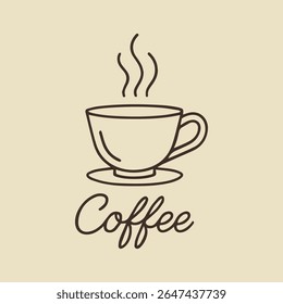 A charming line art illustration featuring a steaming coffee cup and saucer with elegant script text for 'Coffee' on a warm beige background, perfect for minimalist designs, menus.