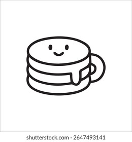 A charming line art illustration featuring a stack of happy pancakes resembling a mug with sweet syrup dripping. This cheerful icon is perfect for food and breakfast themes on a clean white background
