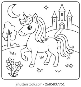 Una encantadora ilustración de arte lineal con un unicornio cerca de un castillo, árbol, luna, estrella y flores, perfecta para una deliciosa página de libro para colorear para niños y adultos por igual.