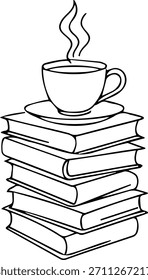 Uma encantadora ilustração de arte em linha com uma xícara de café cozida colocada em cima de uma pilha elegante de livros, evocando uma sensação de estudo acolhedor e conforto intelectual.