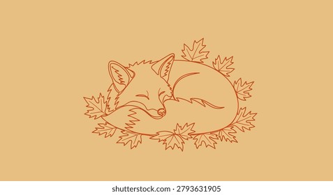 A charming line art illustration of a fox sleeping peacefully, curled up amidst fallen autumn leaves. Minimalist and warm design.