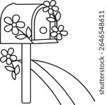 A charming line art illustration of a mailbox adorned with blooming flowers and leaves. This delightful image is isolated on a clean white background, perfect for spring or summer themes.