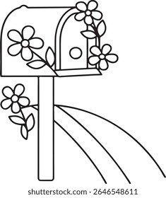 Uma encantadora ilustração de arte de linha de uma caixa de correio adornada com flores e folhas florescentes. Esta imagem deliciosa é isolada em um fundo branco limpo, perfeito para temas de primavera ou verão.