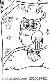 A charming line art illustration of an owl perched on a branch under a starry night sky. Perfect for children's coloring activities and nature-themed art projects.