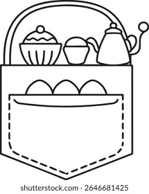 Uma encantadora ilustração de arte em linha de um bolso preenchido com um cupcake, uma tigela pequena, um bule de chá e três ovos, isolados em um fundo branco.