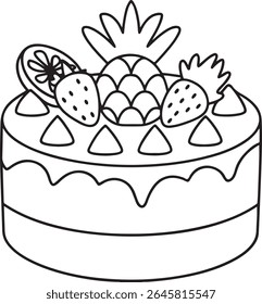 A charming line art illustration of a round cake adorned with fresh strawberries, a pineapple slice, and a citrus segment. The cake is decorated with triangular toppings and a wavy frosting detail