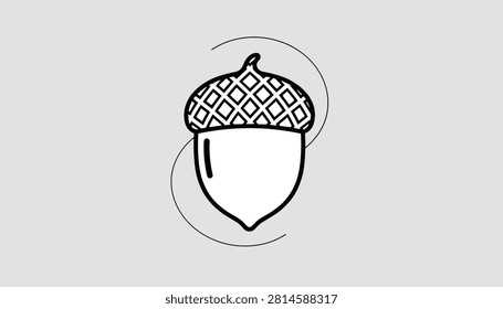 Charming line art illustration of a single oak tree acorn with crosshatch cap detail on a soft grey background.